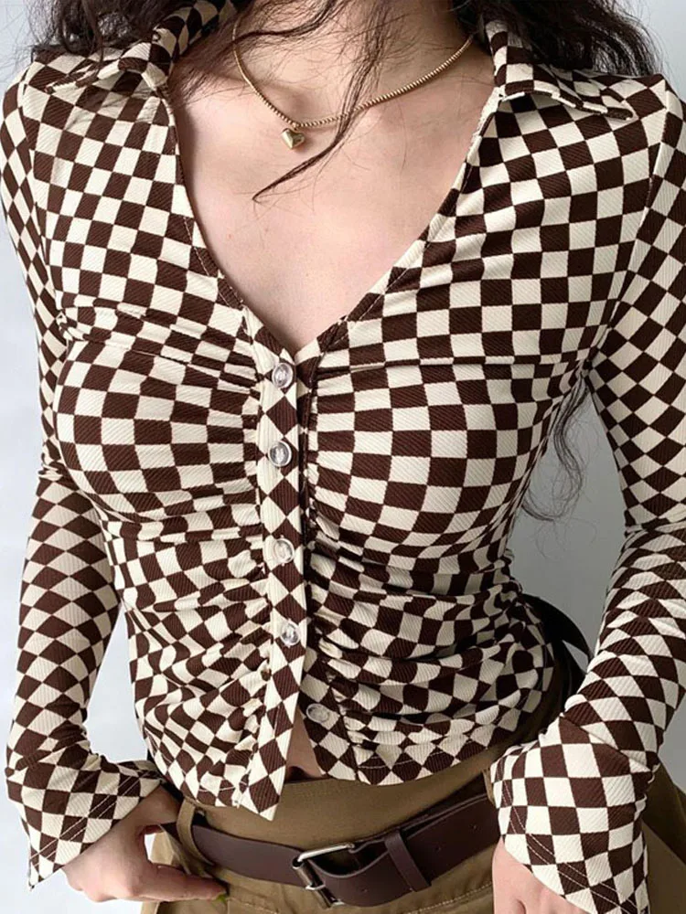 Deeptown Vintage Plaid Tight Blouses Cropped Elegant Aesthetic Sexy Chic Korean Style Women's Fashion Shirt V Neck Long Sleeve
Deeptown Vintage Plaid Tight Blouses Cropped Elegant Aesthetic Sexy Chic Korean Style Women's Fashion Shirt V Neck Long Sleeve