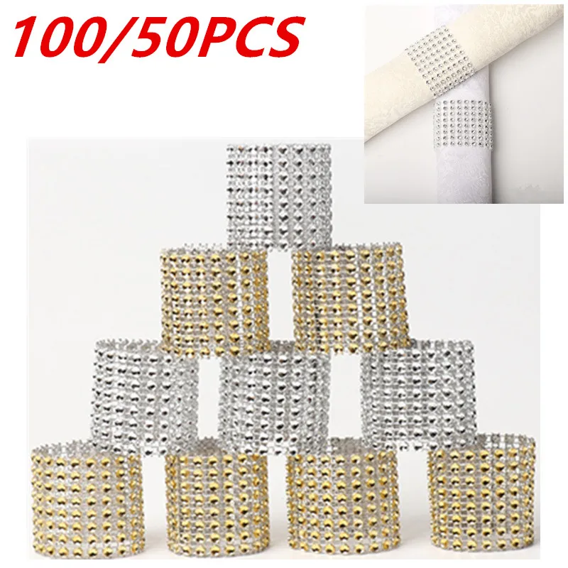 

100/50pcs Rhinestone Napkin Rings Bling Decoration Wedding Dinner Elegant Gold Sliver Napkin Rings Holder Party Supplies