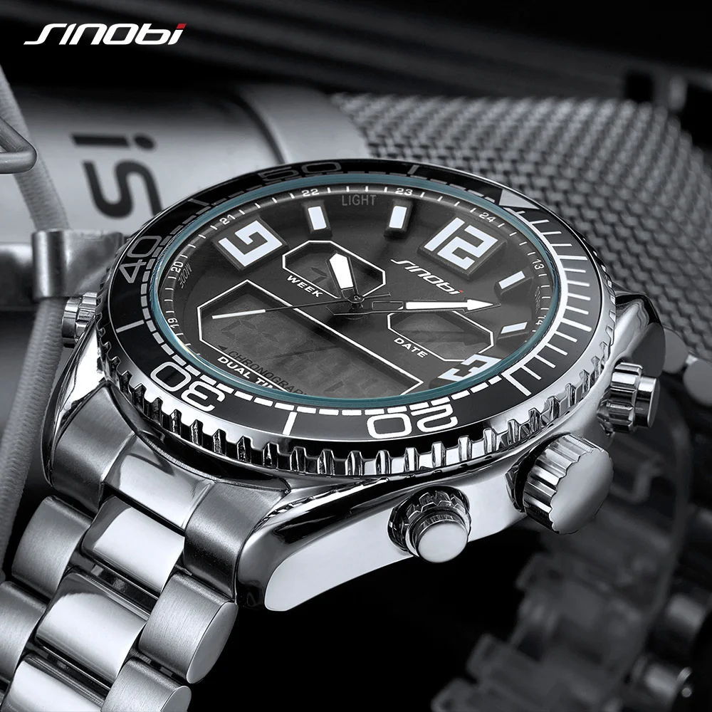 

Мужские Аналоговые часы с двойным цифровым дисплеем SINOBI, светящиеся стальные спортивные водонепроницаемые кварцевые наручные часы с хронографом 316