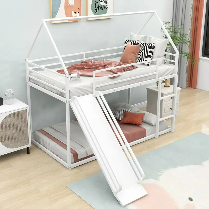 

Двуспальная двухъярусная кровать с лестницей и горкой для спальни, белая