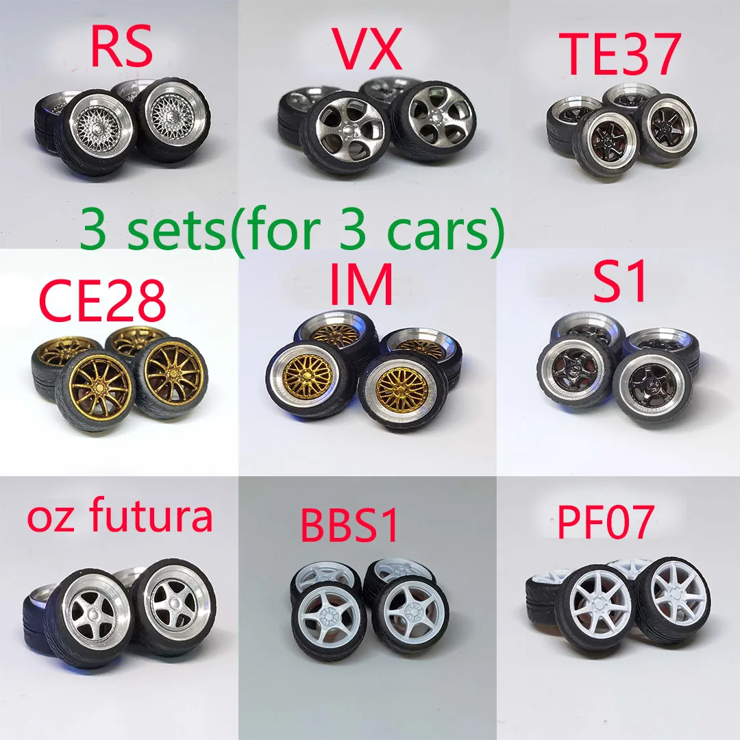 12 шт. (для 3 автомобилей) 1/64 хромированные колеса w резиновые шины 9 мм RS VX TE37 CE28 IM S1
