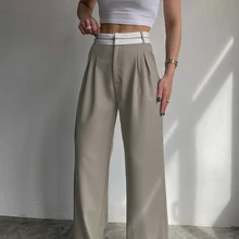 Clacive Elegant Loose Gray Office Women Pants Fashion High Waist Straight Trousers Casual Chic Spliced Full Length Female Pants