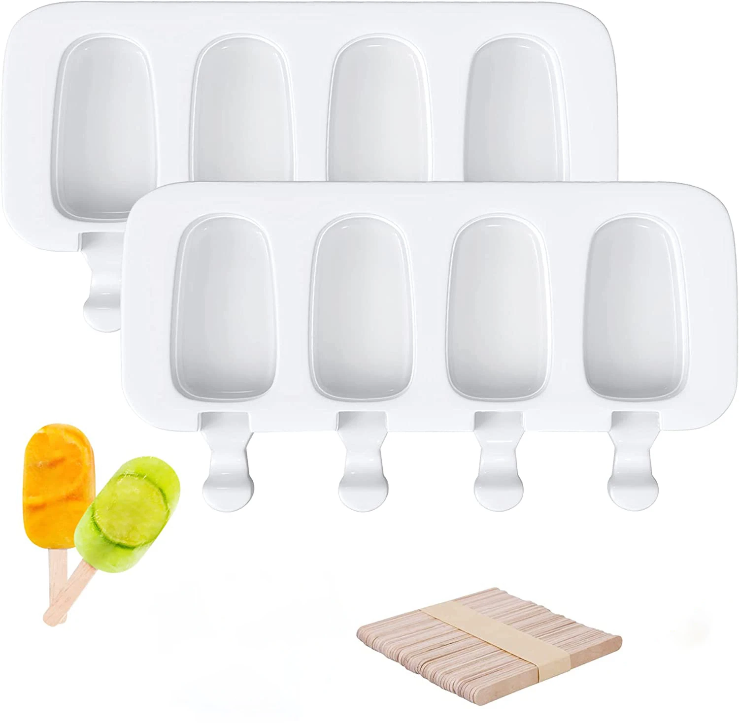 

Popsicle Molds, 2 Pack Ice Pop Molds Silicone 4 Cavities Cake Pop Mold Oval with 50 Wooden Sticks for DIY Ice Cream - Ivory