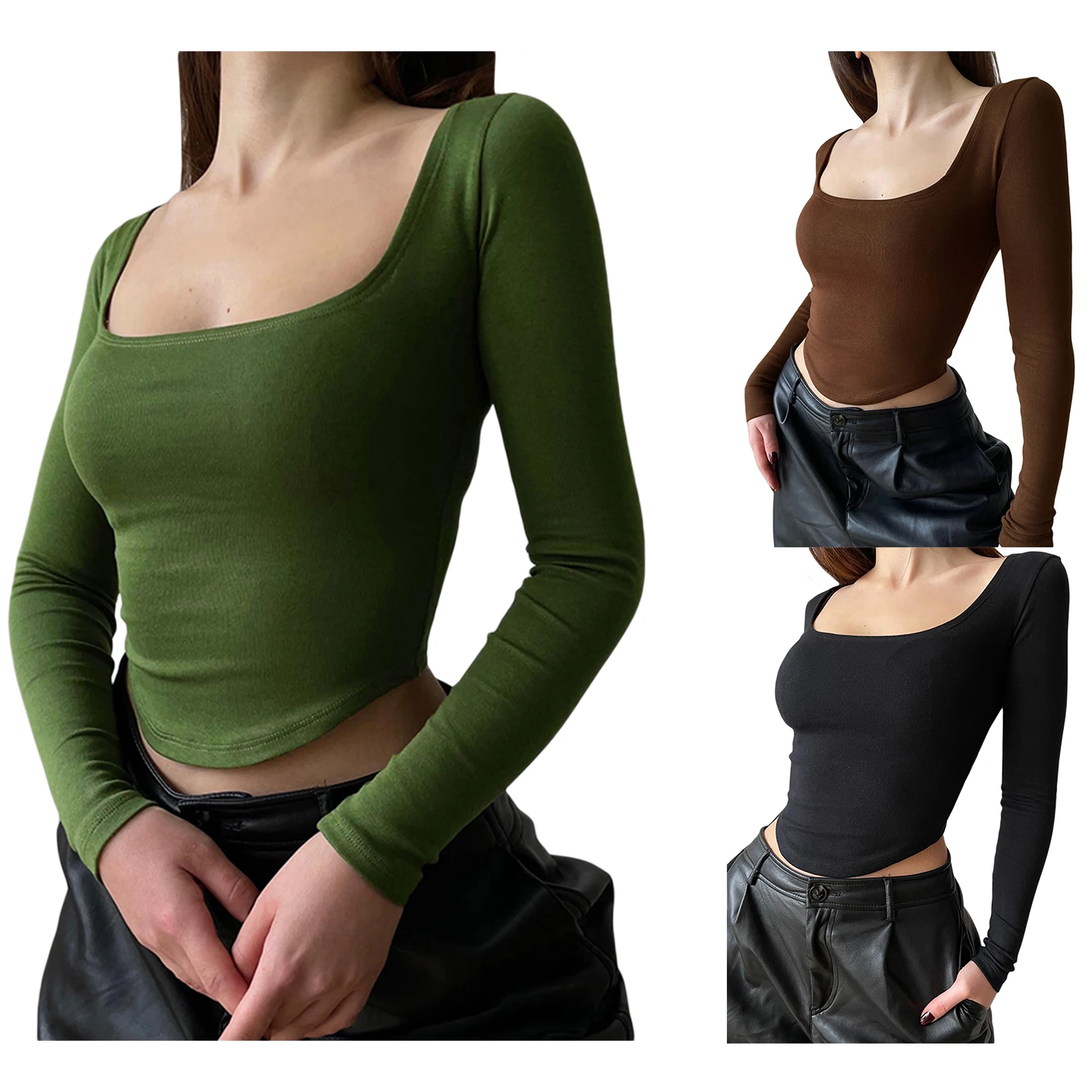 Модные женские топы, однотонный тонкий пуловер с U-образным вырезом и длинным рукавом, вязаная футболка для молодых девушек 
Модные женские топы, однотонный тонкий пуловер с U-образным вырезом и длинным рукавом, вязаная футболка для молодых девушек