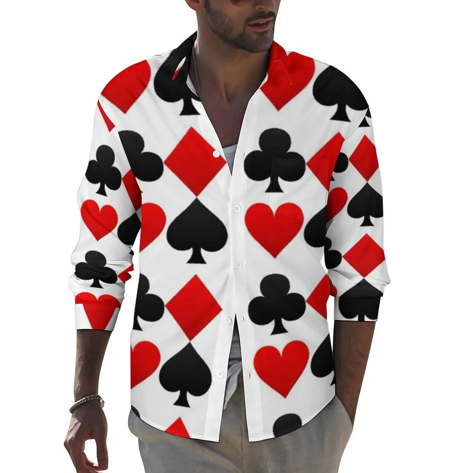 

Playing Poker Card Casual Shirts Men Hearts Diamonds Clubs Spades Shirt Long Sleeve Retro Streetwear Blouses Autumn Graphic Tops