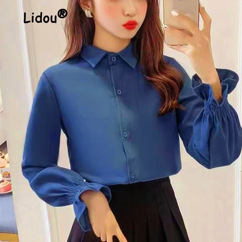 

Классическая однотонная офисная однобортная блузка, женская рубашка-поло с расклешенным рукавом и воротником-поло, Корейская женская шифоновая универсальная Повседневная рубашка