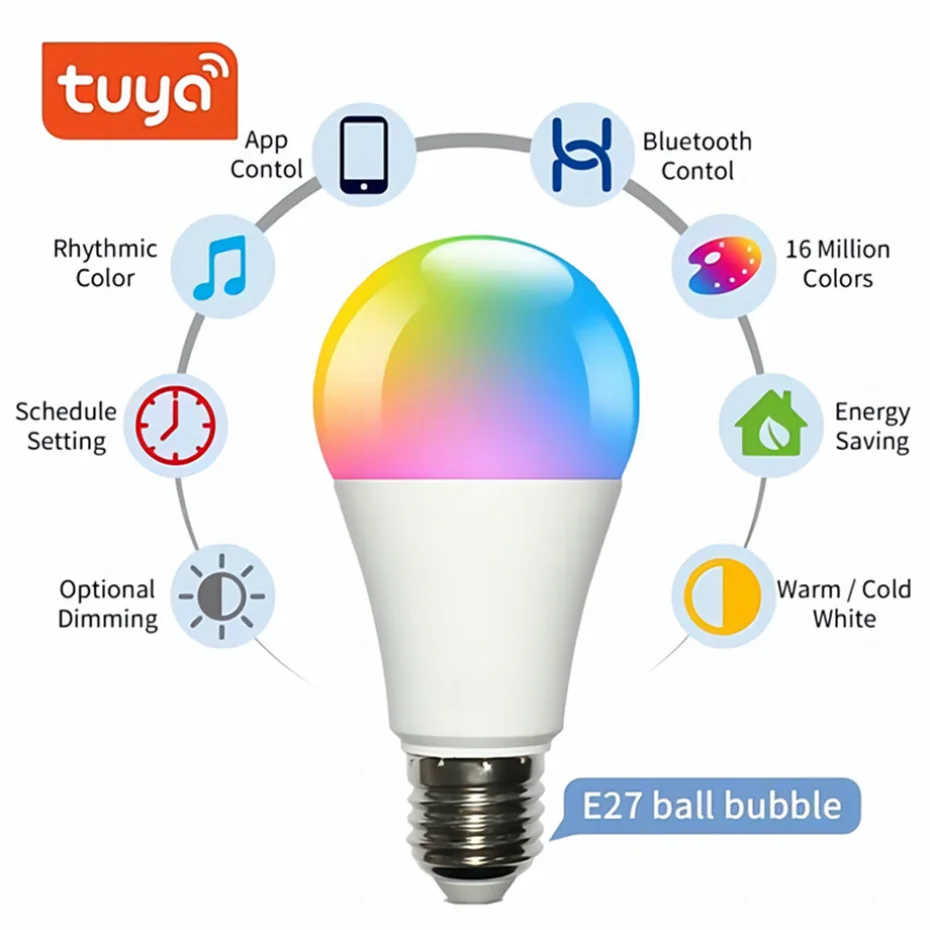 

E27 Bulb Wireless Bluetooth 4.0 Smart Tuya APP Control Dimmable 15W E27 RGB+CW+WW LED Color Change Lamp Compatible IOS/Android