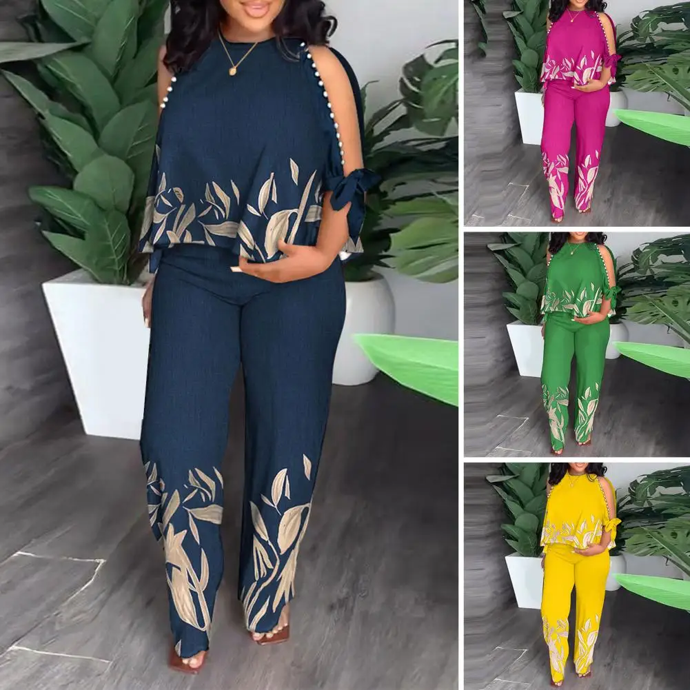 2Pcs/Set Summer O-neck Cold Shoulder Half Sleeve T-shirt High Waist Long Pants Set Beads Decor Leaves Print Office Lady Outfit
2Pcs/Set Summer O-neck Cold Shoulder Half Sleeve T-shirt High Waist Long Pants Set Beads Decor Leaves Print Office Lady Outfit