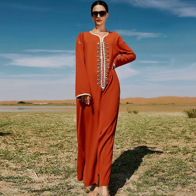 Women Diamond Long Dress V-Neck Long Sleeve Loose Waist Abaya Travel Ladies Arabian Saudi Dubai Robe Fashion Muslim Ramadan 2022
Women Diamond Long Dress V-Neck Long Sleeve Loose Waist Abaya Travel Ladies Arabian Saudi Dubai Robe Fashion Muslim Ramadan 2022