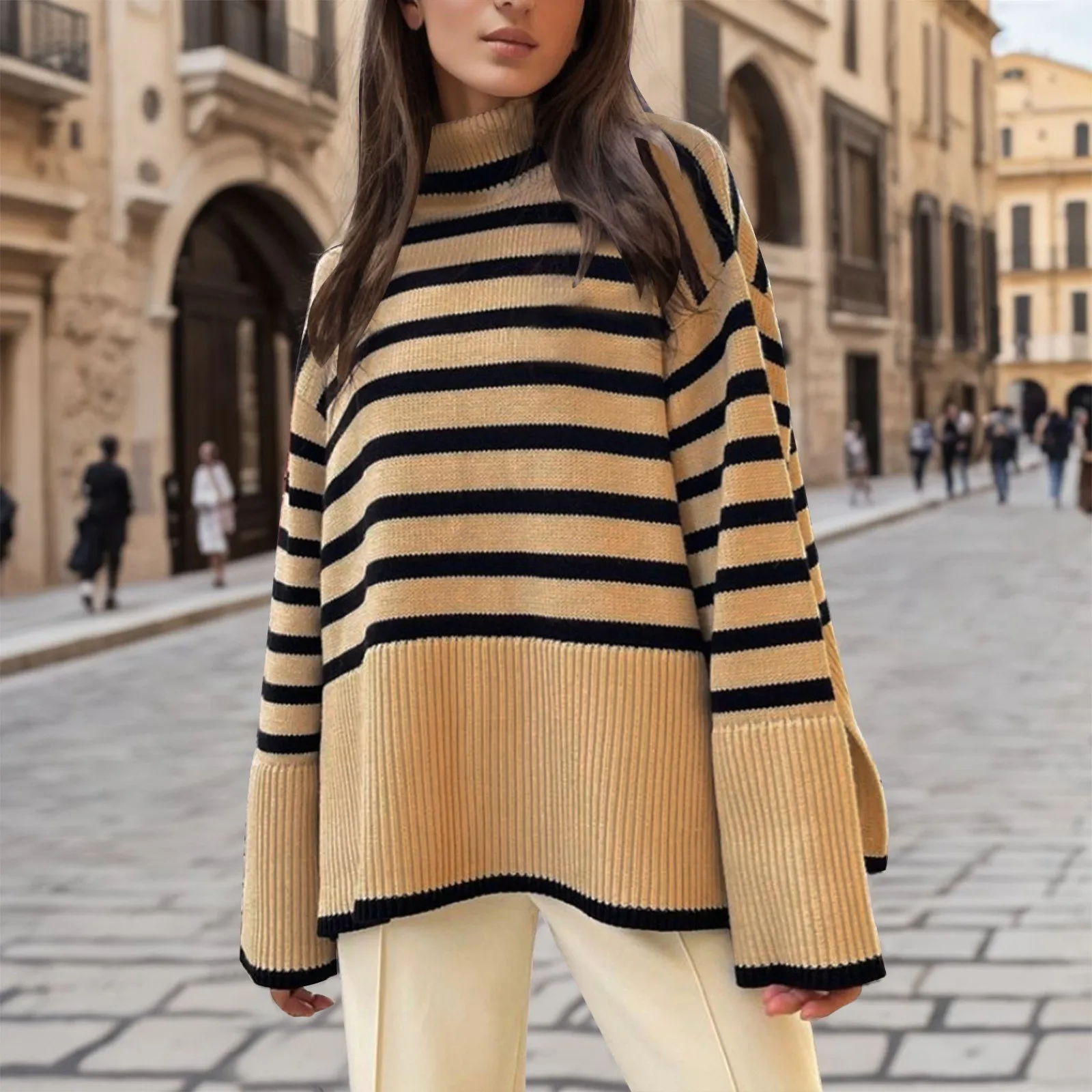 Women Classical Striped Print Casual Loose Knitting Sweater Female Long Sleeve Chic Side Split Tops Turtleneck Trendy Sweaters
Women Classical Striped Print Casual Loose Knitting Sweater Female Long Sleeve Chic Side Split Tops Turtleneck Trendy Sweaters