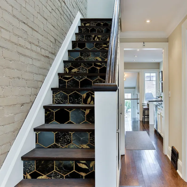 Hexagons with Gold Leaves Decal \ Dark Pattern Sticker \ Vintage Removable Stair Riser Decals \ Peel & Stick Vinyl Stair Sticker
Hexagons with Gold Leaves Decal \ Dark Pattern Sticker \ Vintage Removable Stair Riser Decals \ Peel & Stick Vinyl Stair Sticker