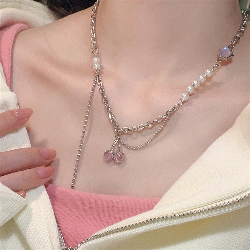 Dainty Sweet Crystal Pink Cherry Pendant Tassel Necklace Cute Lovely Pearl Chain Necklaces Clavicle Choker Party Jewelry 
Dainty Sweet Crystal Pink Cherry Pendant Tassel Necklace Cute Lovely Pearl Chain Necklaces Clavicle Choker Party Jewelry