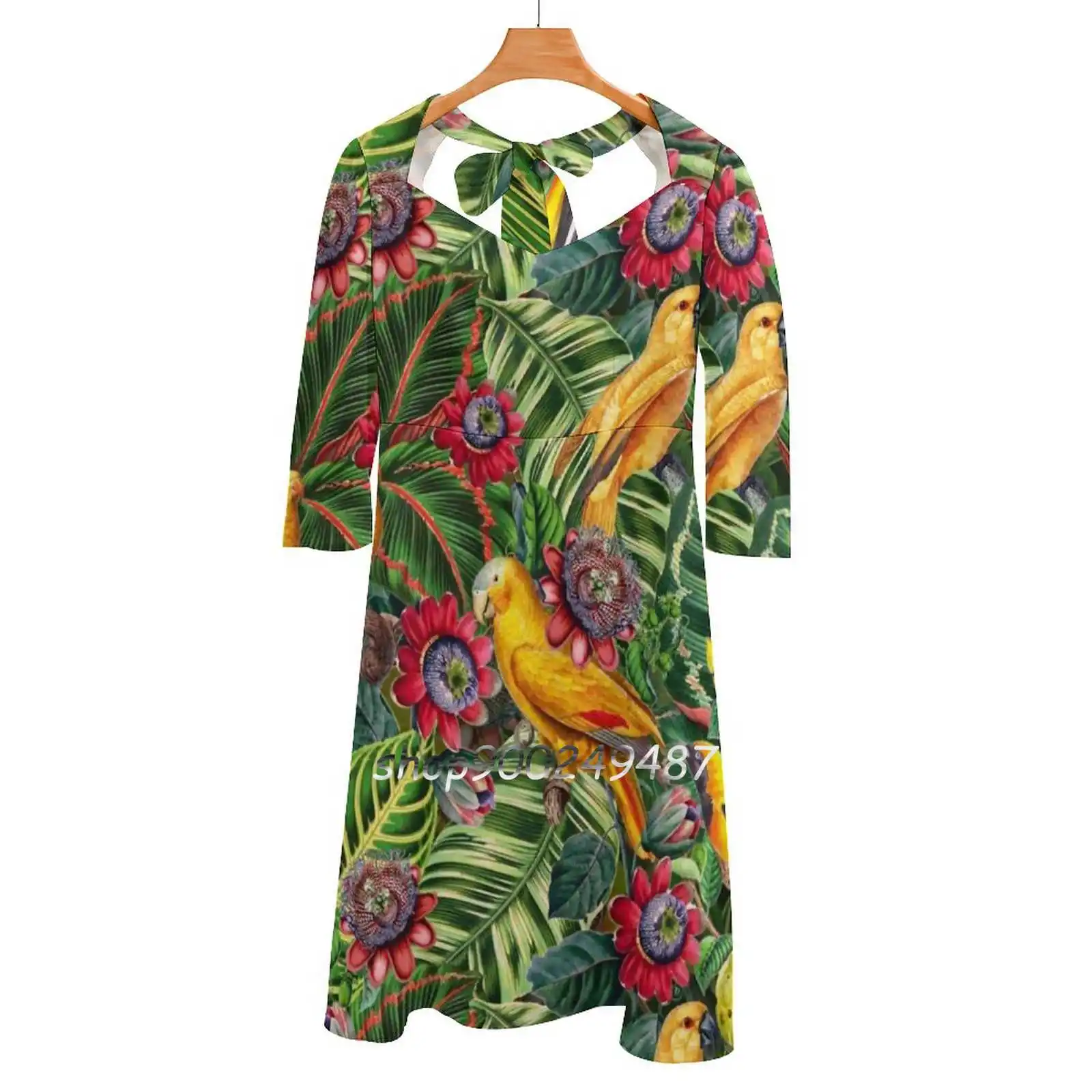 

Vintage Tropical Bird Jungle Garden Sweetheart Knot Flared Dress Fashion Design Large Size Loose Dress Tropical Bird Birds