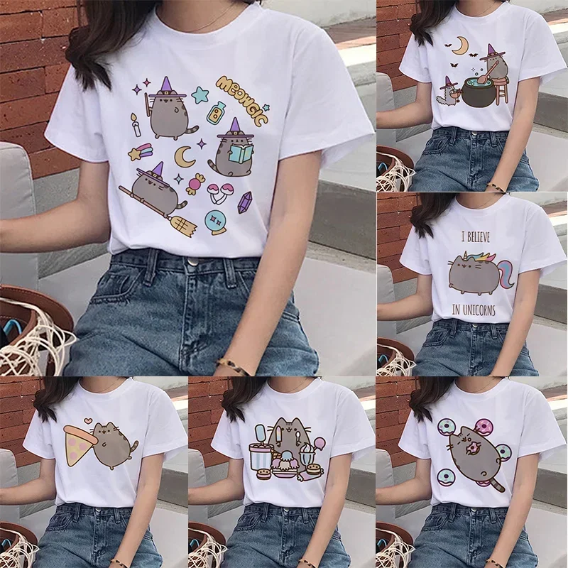 Kawaii Pusheen Cat футболки для женщин Harajuku Ullzang смешная футболка мультяшный принт