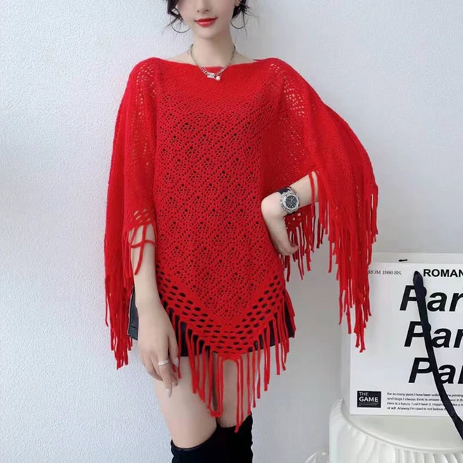 Spring Autumn New Pullover Cape Women Hollow flower Knitting Poncho Capes Batwing Sleeves Shawls Sunscreen Solid Cloak Red
Spring Autumn New Pullover Cape Women Hollow flower Knitting Poncho Capes Batwing Sleeves Shawls Sunscreen Solid Cloak Red