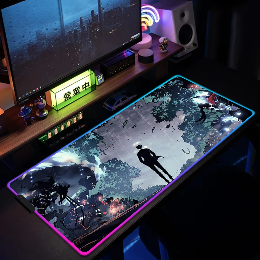 

Solo Leveling RGB Mousepad Large LED Anime Mouse Pad Manga Desk Mats Sung Jinwoo Mouse Mat Laptop Anti-slip Office Gamer Pads