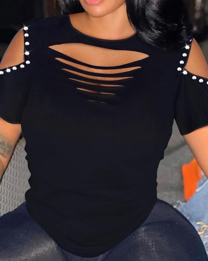 2022 Fashion New Style Rhinestone Hollow Out Cold Shoulder T-Shirt Top Women's Shirt Sexy Fit Round Neck Top Support Wholesale
2022 Fashion New Style Rhinestone Hollow Out Cold Shoulder T-Shirt Top Women's Shirt Sexy Fit Round Neck Top Support Wholesale