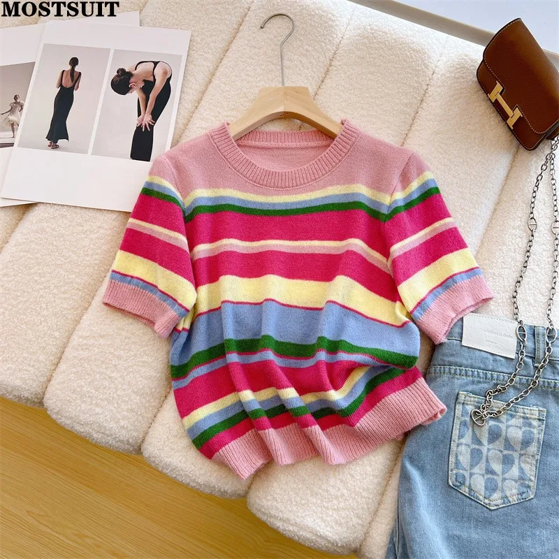 Rainbow Striped Knitted Sweater Tshirt Women 2023 Summer Short Sleeve O-neck Knitwear Tops Fashion Sweet Elegant Ladies Jumpers
Rainbow Striped Knitted Sweater Tshirt Women 2023 Summer Short Sleeve O-neck Knitwear Tops Fashion Sweet Elegant Ladies Jumpers