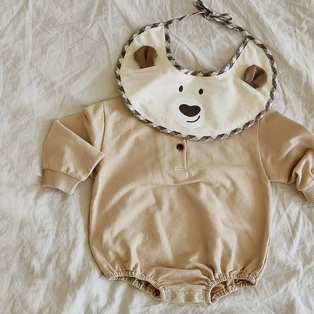 

Autumn Newbron Boy Girl Solid Loose Casual Long Sleeve Bodysuit Infant Baby Cotton Fashion Onesie+Cartoon Bear Lacing Shawl 2pcs