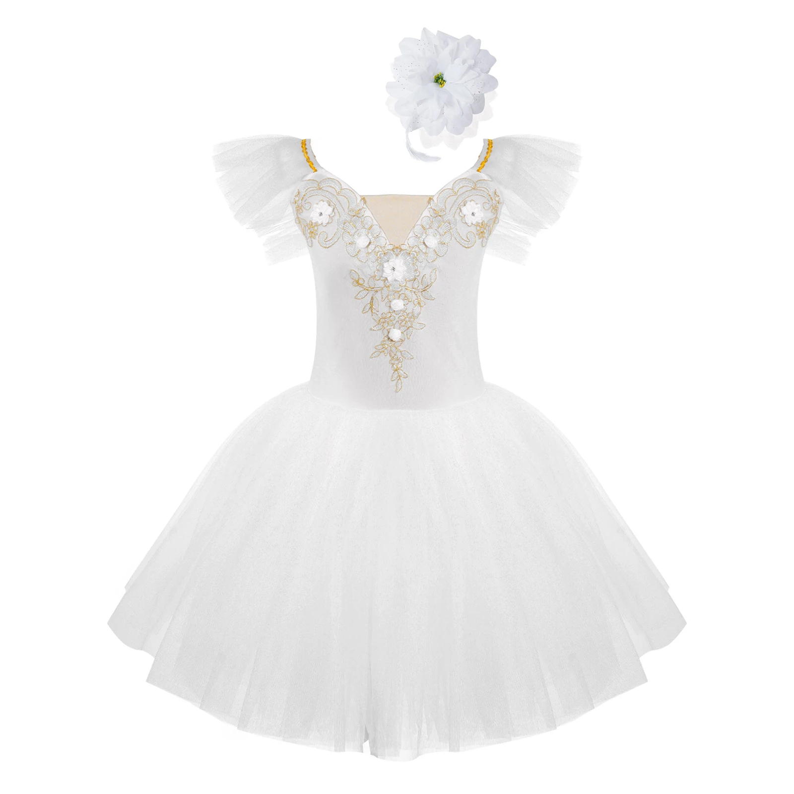 Kids Girls Ballet Dress Flying Sleeve Lace Flower Decorated Tulle Tutu Mesh Dance Dress with Headdress Stage Performance Gown
Kids Girls Ballet Dress Flying Sleeve Lace Flower Decorated Tulle Tutu Mesh Dance Dress with Headdress Stage Performance Gown