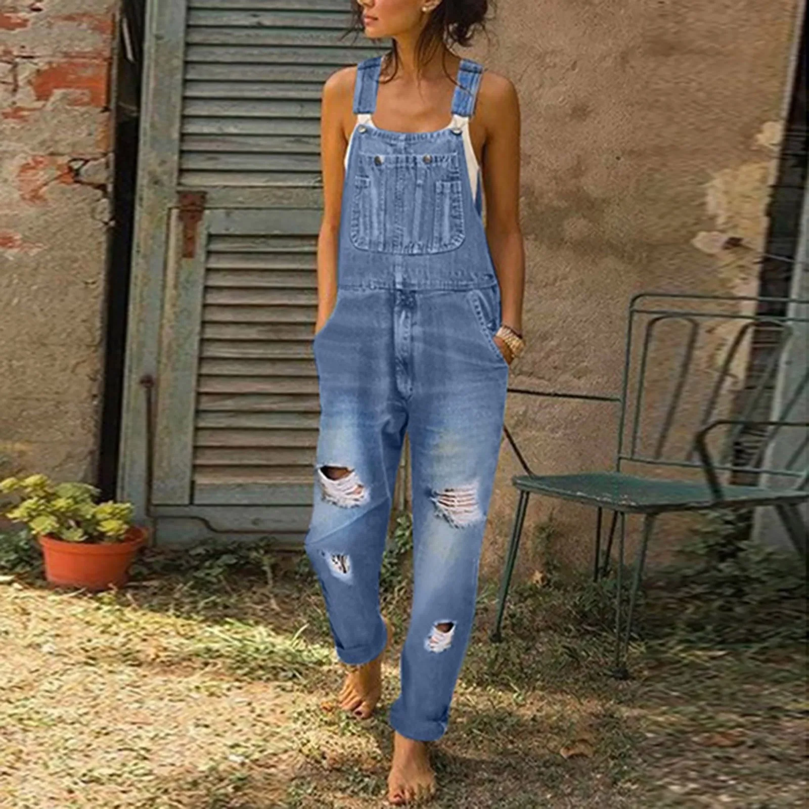 

Blue Denim Overalls Jumpsuit Rompers Vintage Bib Belted Hole Ripped Out E-girl Casual Work Pants Y2k Jeans Long Pants Streetwear