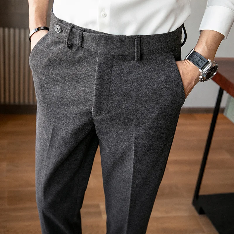 

Осень 2024, шерстяные мужские деловые классические брюки, повседневные облегающие Свадебные Костюмные брюки, офисные брюки, Классические мужские брюки