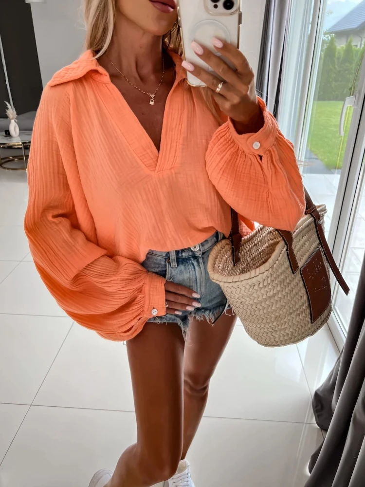 Spring Fall Long Sleeve Loose V Neck Casual Women Blouse White Orange Cute Tops Office Ladies Fashion Blouses Blusas Mujer
Spring Fall Long Sleeve Loose V Neck Casual Women Blouse White Orange Cute Tops Office Ladies Fashion Blouses Blusas Mujer