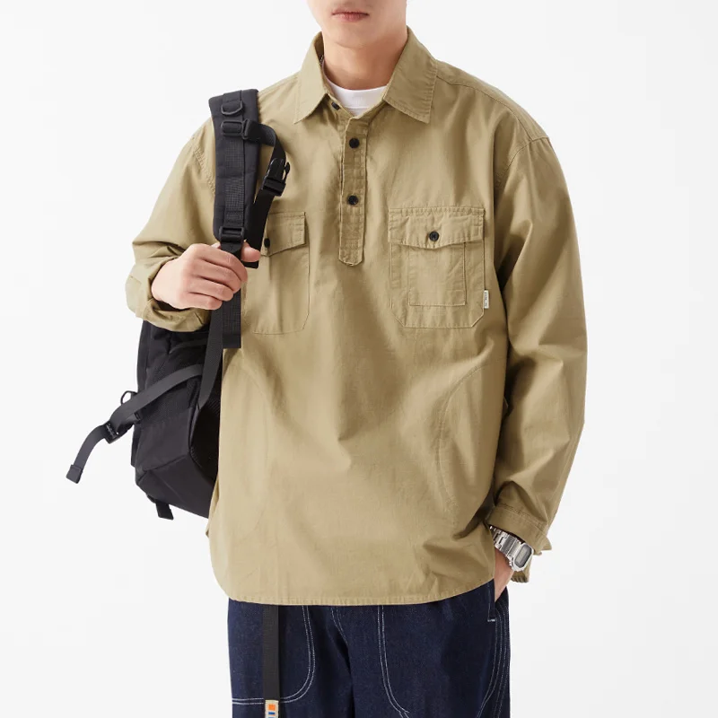 Top Quality Autumn 100% Cotton Shirt Long Sleeve Cargo Coat Casual Loose Polo Neck Pullover Shirts Brand Men Clothing
Top Quality Autumn 100% Cotton Shirt Long Sleeve Cargo Coat Casual Loose Polo Neck Pullover Shirts Brand Men Clothing