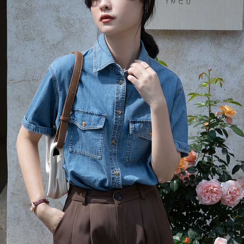 New Summer Fashion Women's Denim Shirt 2023 Vintage Short Sleeve Solid Color Versatile Slim Blue Shirt Women Shirt
New Summer Fashion Women's Denim Shirt 2023 Vintage Short Sleeve Solid Color Versatile Slim Blue Shirt Women Shirt