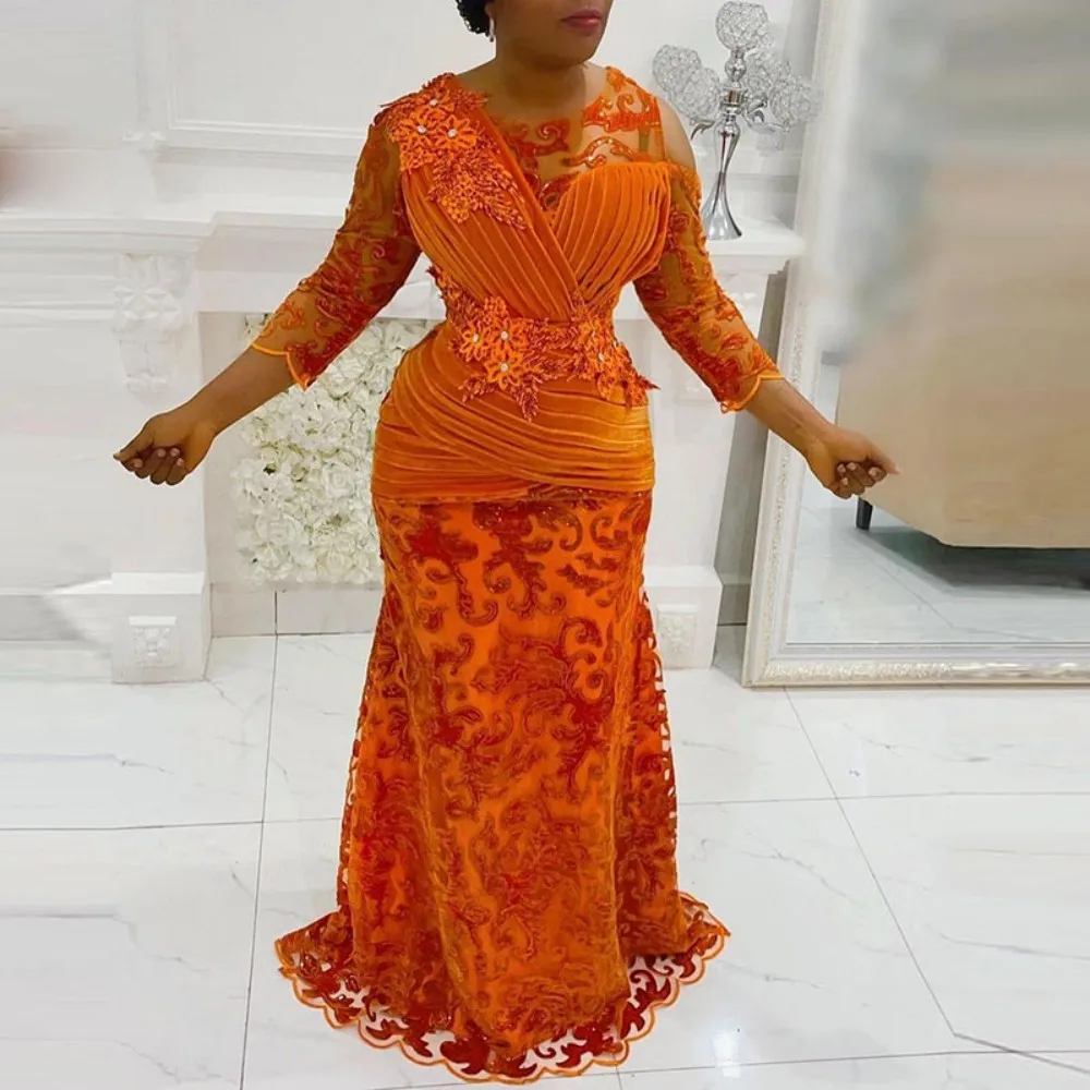 African Orange Lace And Velour Mermaid Prom Dresses Sheer Neck 3/4 Sleeves Aso Ebi Style Floor Length Evening Formal Party Gowns
African Orange Lace And Velour Mermaid Prom Dresses Sheer Neck 3/4 Sleeves Aso Ebi Style Floor Length Evening Formal Party Gowns