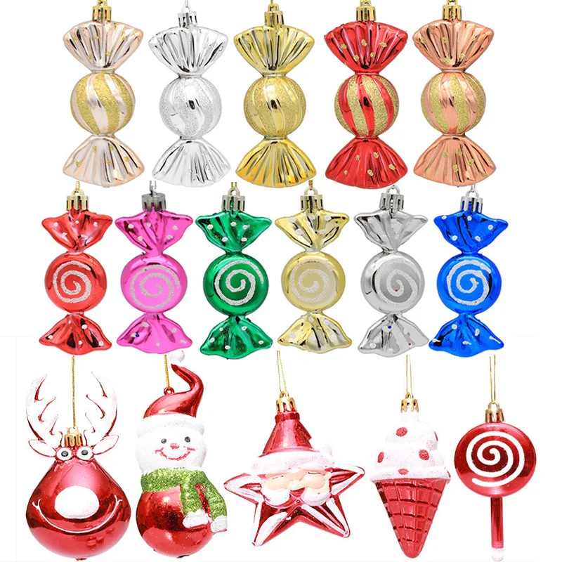 

12pcs Candy Cane Ice Cream Reindeer Snowman Christmas Tree Pendant Decorations For House 2022 2023 Santa Xmas New Year Decor