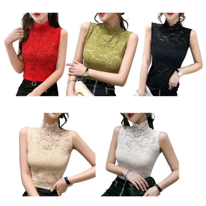 

Women Sleeveless Mock Turtleneck Top Sleeveless Slim High Turtleneck Fitted Tank Top Slim Fit Tunic Lace Bottoming Tops