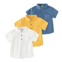 Mandarin Collar Boys Shirts Summer Linen Cotton Short Sleeve Toddler Tshirts Kids Tops Tees Children Clothes