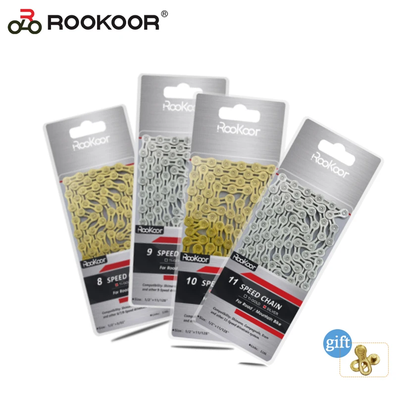 Rookoor 6 7 8 9 10 11 Speed Bicycle Chain Titanium Plated Gold TI-Gold Silver Road Mountain Bike MTB EL Hollow Chains 116 Links
Rookoor 6 7 8 9 10 11 Speed Bicycle Chain Titanium Plated Gold TI-Gold Silver Road Mountain Bike MTB EL Hollow Chains 116 Links