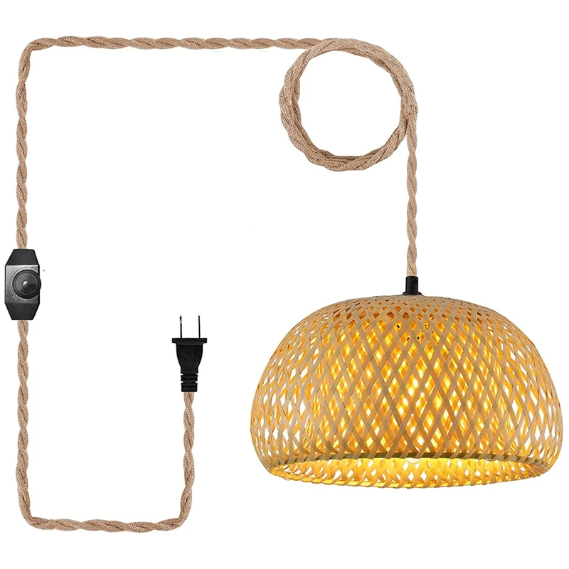 

Подвесной светильник с вилкой, Подвесная лампа с переключателем, шнур из пеньковой веревки, бамбуковый абажур, Плетеный ротанговый светиль...