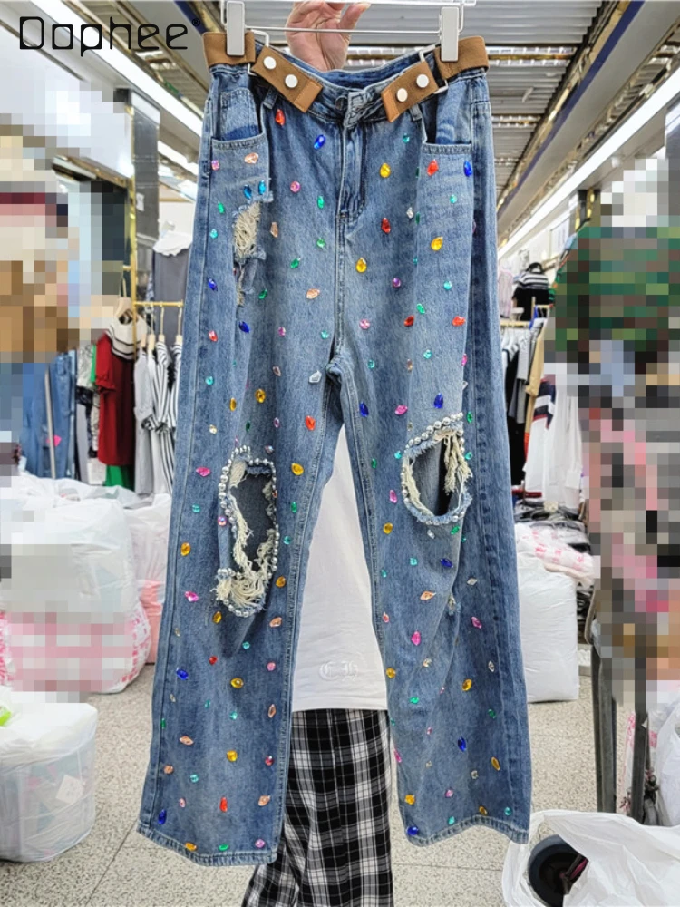 European Streetwear Ripped Color Gem Ripped Blue Jeans Woman 2022 Summer New Loose Fashion Wide-Leg Denim Trousers for Women
European Streetwear Ripped Color Gem Ripped Blue Jeans Woman 2022 Summer New Loose Fashion Wide-Leg Denim Trousers for Women