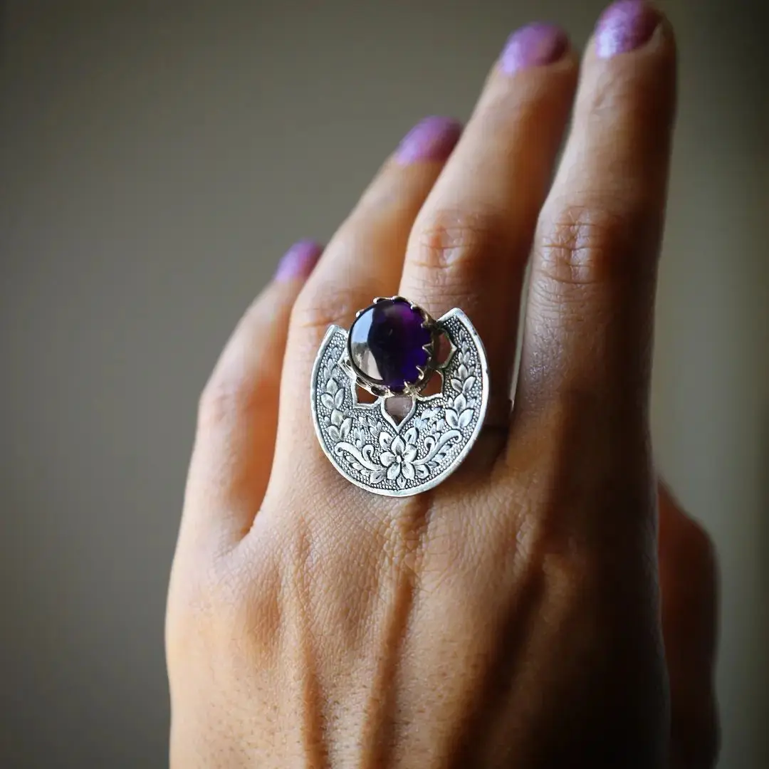

European and American Retro Purple Gem Ring Bohemian Ethnic Style Carved Flower Fan-shaped Index Finger Ring Ins Women'sBracelet