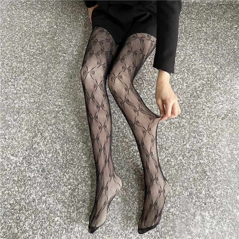 

Black Mesh Translucent Bow Winter Thicken Plus Velvet Legs Fishnet Stockings Women Warm Fleece Tights Pattern Sexy Pantyhose
