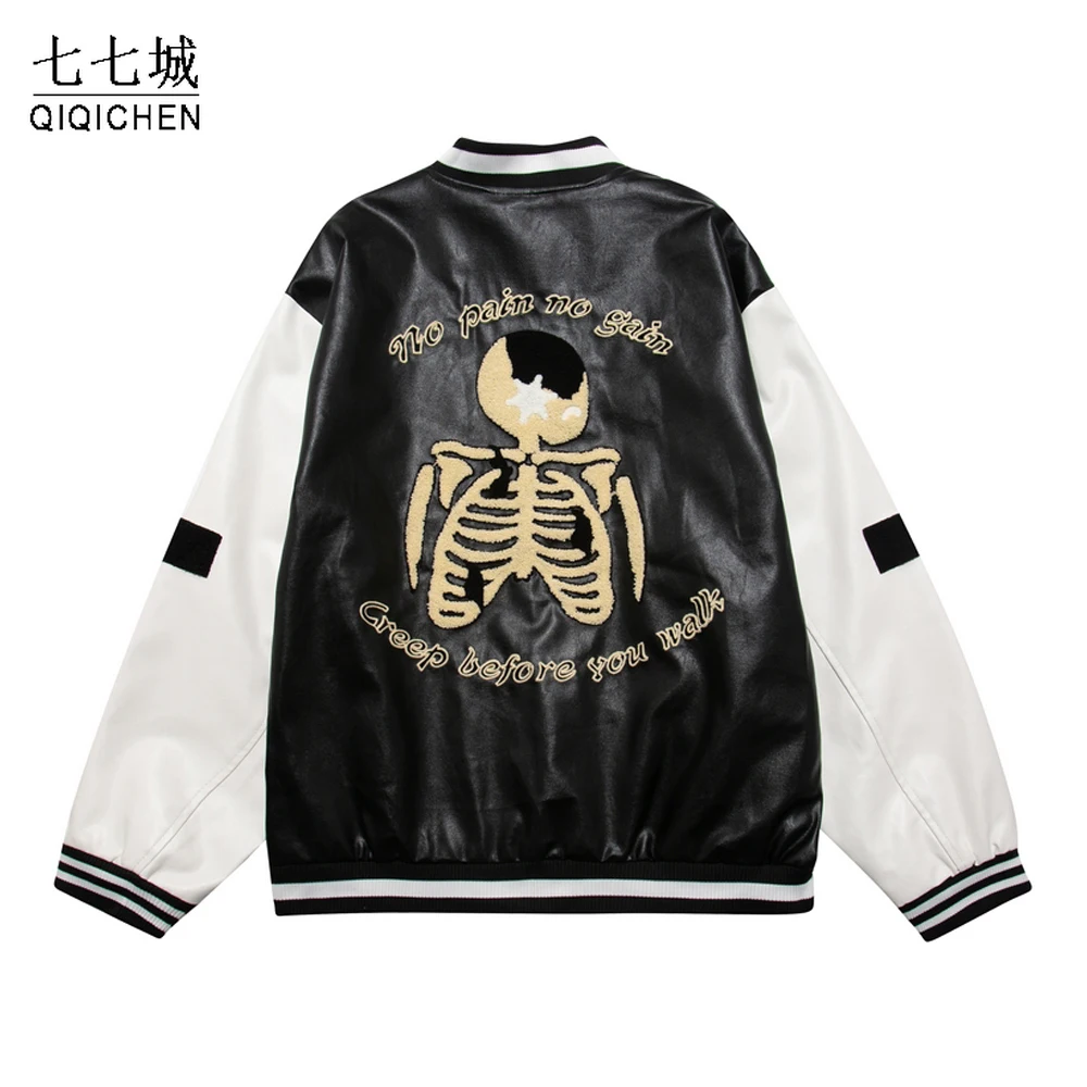 Mens PU Baseball Jacket Hip Hop Skeleton Embroidered Color Patchwork Bomber Varsity Jackets Oversize Streetwear Winter Coat New
Mens PU Baseball Jacket Hip Hop Skeleton Embroidered Color Patchwork Bomber Varsity Jackets Oversize Streetwear Winter Coat New