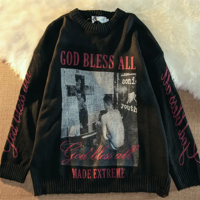 Pullover cross print retro sweater men and women high street dark character print lazy style niche design couple knitwear
Pullover cross print retro sweater men and women high street dark character print lazy style niche design couple knitwear