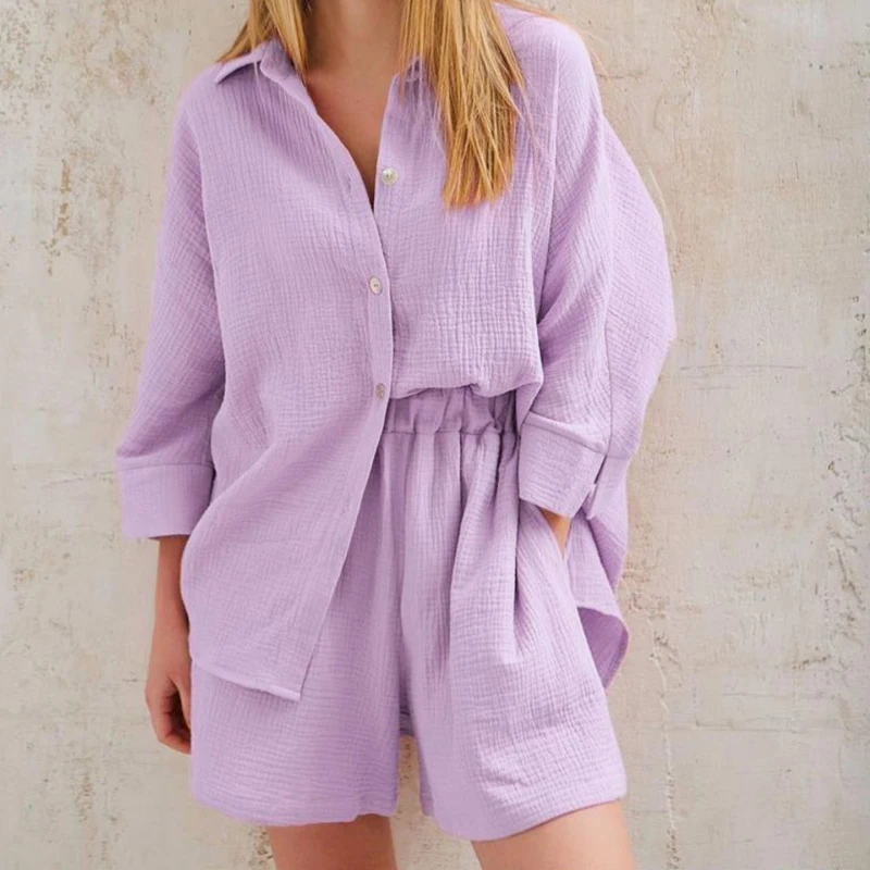 2023 Casual Shirts and Shorts Set Summer Cotton Two-piece Set Long Sleeve Solid Color Loose Suit Outfits Women Elegant 26297
2023 Casual Shirts and Shorts Set Summer Cotton Two-piece Set Long Sleeve Solid Color Loose Suit Outfits Women Elegant 26297