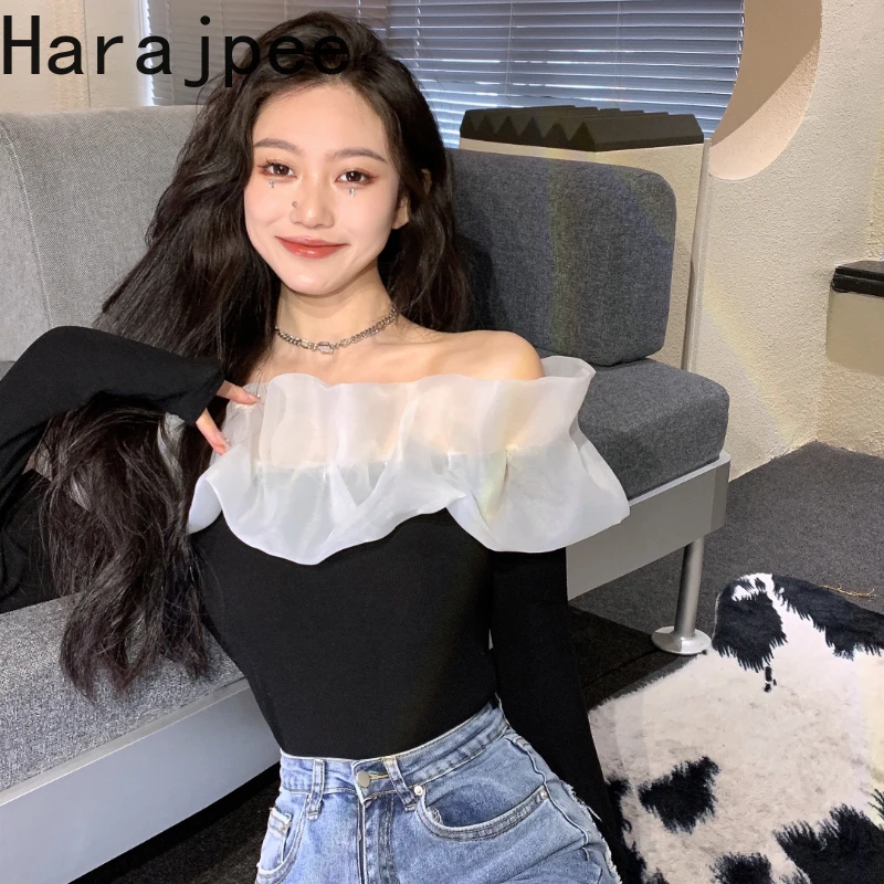Harajpee Shirt Slash Neck Mesh Patchwork Off The Shoulder Ruffles French Style Elegant Spring New 2022 Skinny Solid Women Tops
Harajpee Shirt Slash Neck Mesh Patchwork Off The Shoulder Ruffles French Style Elegant Spring New 2022 Skinny Solid Women Tops