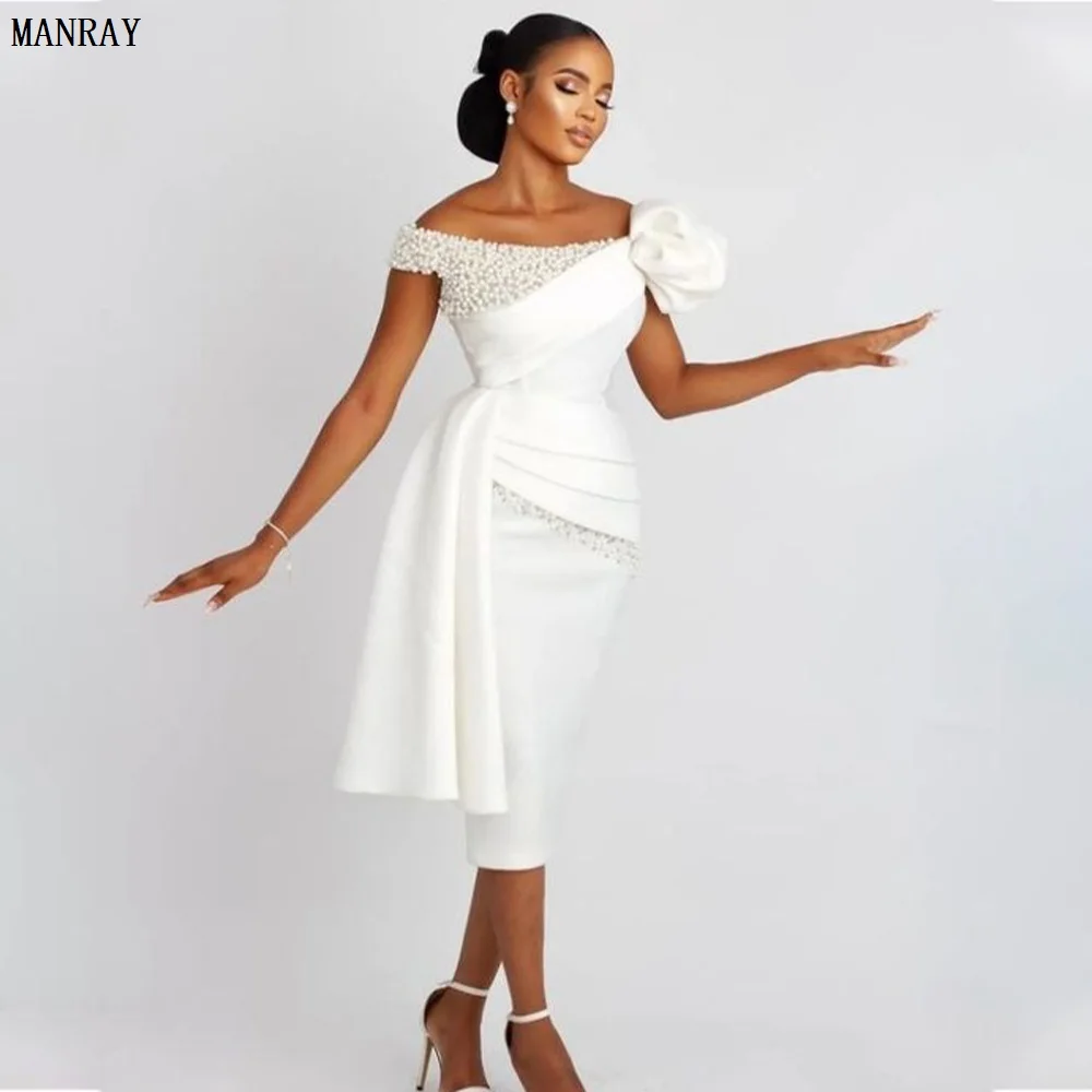 

MANRAY White Sheath Wedding Dress Short Off The Shoulder Pearls Luxury Wedding Gown for Bride Draped Tea Length Bridal Dresses