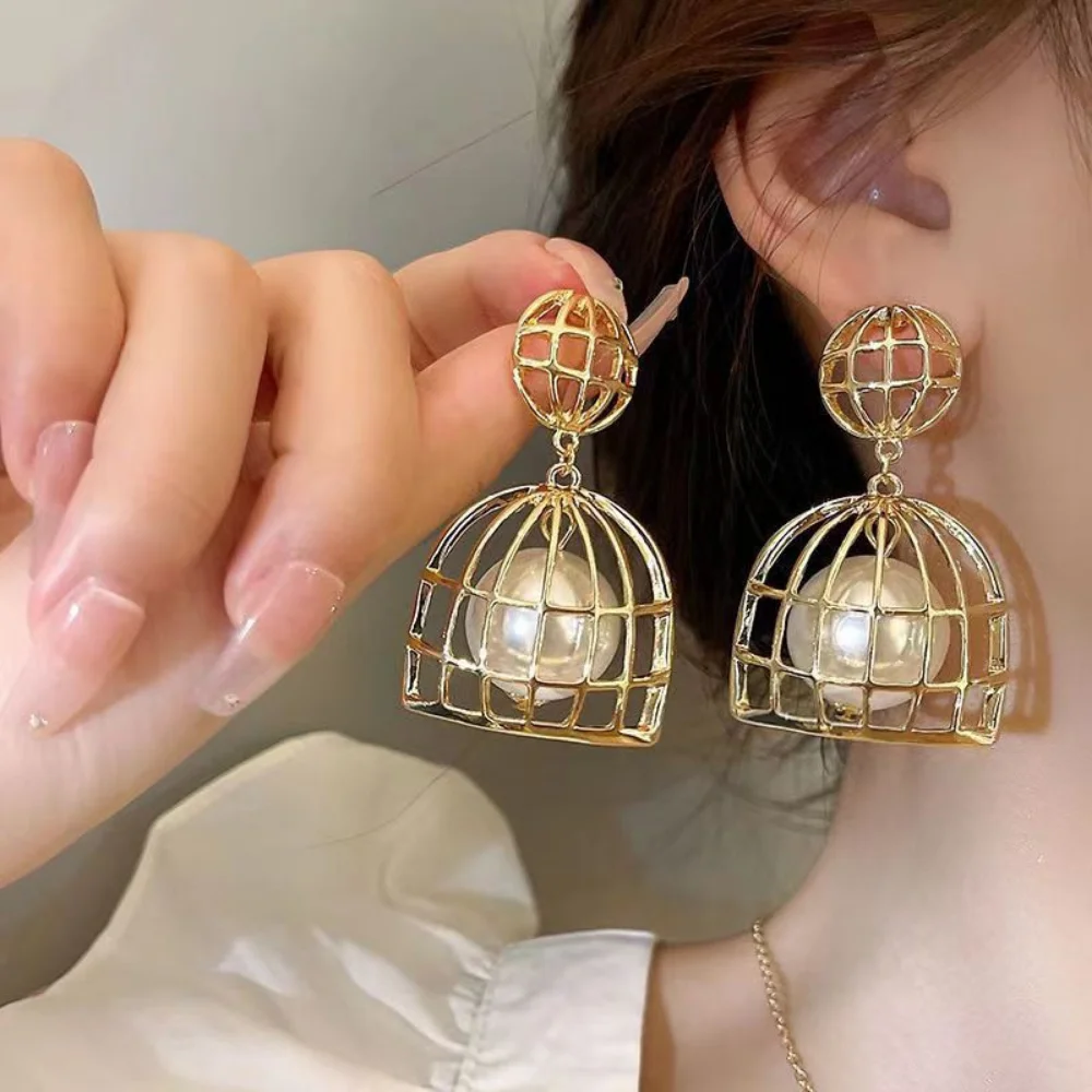 

Women's Gold Plated Silver Hollowed-out Net Bird Cage Shape Dangle Earrings Ear Pendant Party Trendy Chic Big Pearl Drop Earring