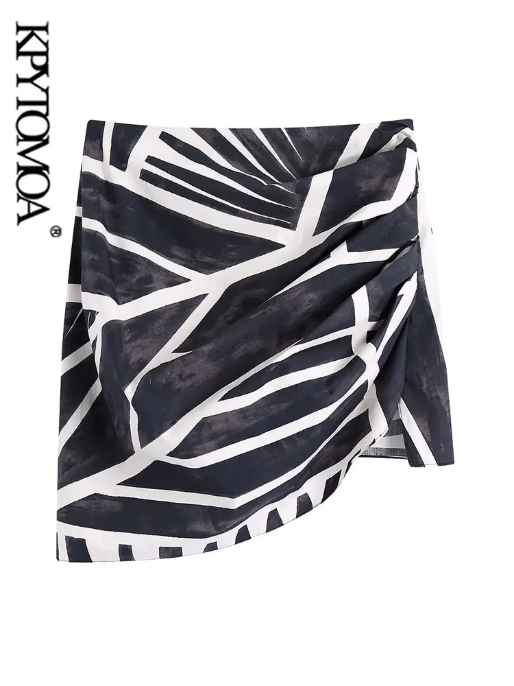 

KPYTOMOA Женская шикарная модная драпированная Асимметричная мини-юбка с принтом винтажные женские юбки с высокой талией и боковой молнией Mujer