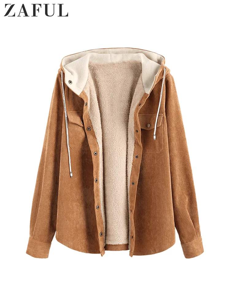 

ZAFUL Corduroy Hooded Fleece Lining Jacket for Woman 2022 Furry Lined Button Pocket Long Sleeve Coat
