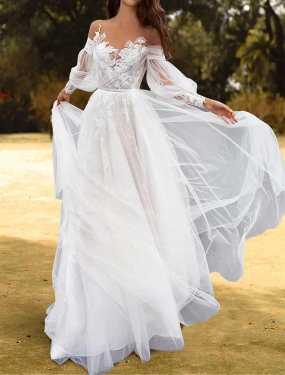 A-Line Wedding Dresses Jewel Neck Sweep Brush Train Lace Tulle Long Sleeve Beach Boho Sexy Backless with Pleats Appliques
A-Line Wedding Dresses Jewel Neck Sweep Brush Train Lace Tulle Long Sleeve Beach Boho Sexy Backless with Pleats Appliques