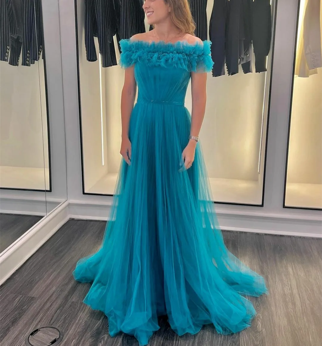 Vintage Long Blue Tulle Evening Dresses A-Line Off Shoulder Zipper Back Small Train فساتين السهرة Prom Gowns for Women
Vintage Long Blue Tulle Evening Dresses A-Line Off Shoulder Zipper Back Small Train فساتين السهرة Prom Gowns for Women