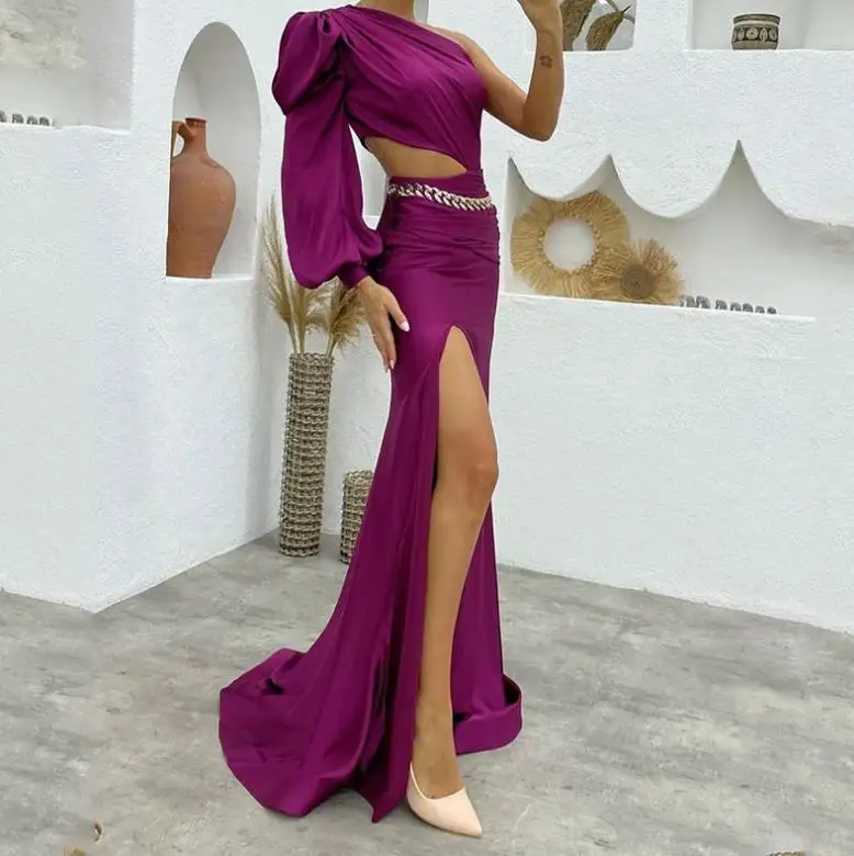 

Women's Elegant Formal Dress 2023 Asymmetric Oblique Shoulder Puff Long Sleeve Waistless Sexy High Slit Long Party Evening Dress