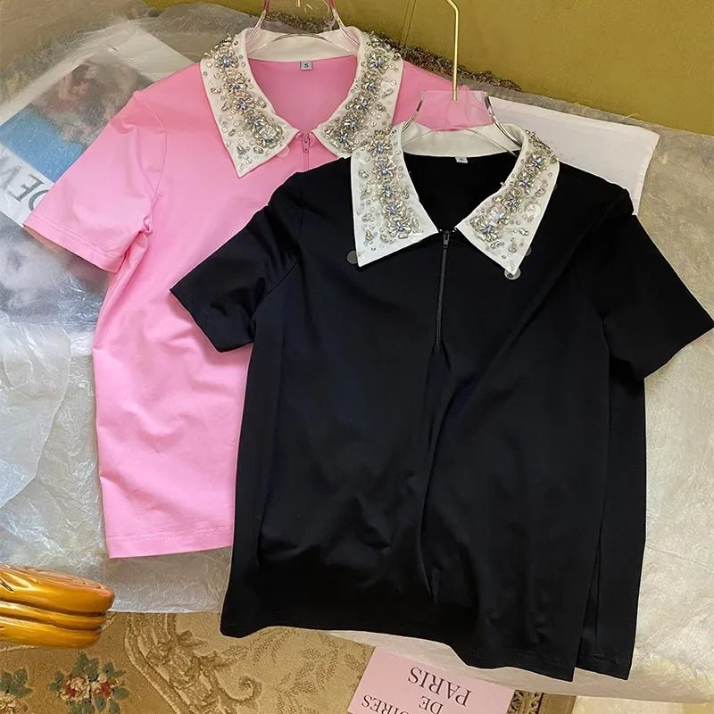 High Quality Cotton Short-Sleeved T-Shirt Handmade Diamond Polo Collar Half Zipper Top T-Shirt Summer New Clothing 2022 Summer
High Quality Cotton Short-Sleeved T-Shirt Handmade Diamond Polo Collar Half Zipper Top T-Shirt Summer New Clothing 2022 Summer